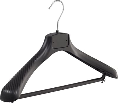De Kledinghanger Gigant - Mantelhanger - Kostuumhanger - Jassenhanger - Volwassenen - FG42 - 50 Stuks - Kunststof - Zwart - Gebogen Model - Schouderverbreding 6 cm - Broeklat - 42 cm - Kledinghanger - Kleerhanger - FG-Serie (FG42/B_00/50)