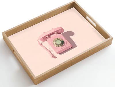 Dienblad hout 50x35 cm - Schootdienblad - Draaischijftelefoon - Retro - Roze - Borrelplank rechthoek - Plateau dienbladen