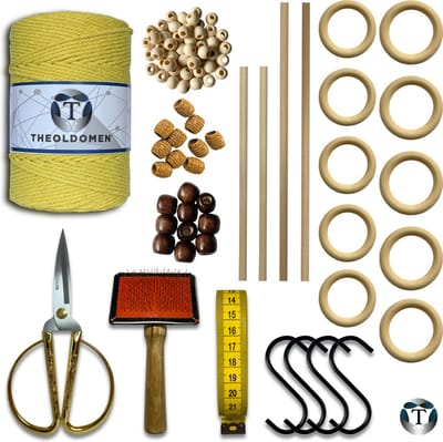 Deluxe Macramé Pakket | Lemon Yellow | 200 METER | Triple Twist | 3mm | Starter Set | Schaar | S-haken | Kam | Meetlint | Ringen | Kralen | Stokken | Macramé Touw | 100% Katoen | DIY | Macramé | Wandkleed | Plantenhanger | TheOldOmen