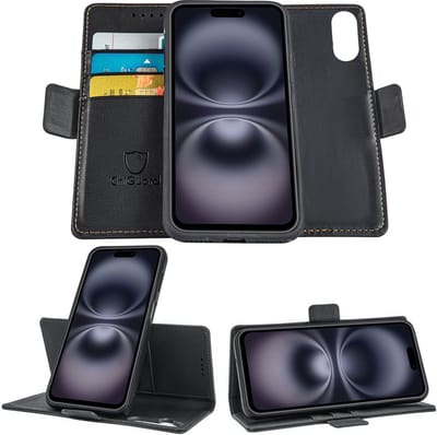 Geschikt voor Apple iPhone 16 - Book Case Hoesje - Uitneembaar Hoesje - Magnetische Sluiting - Portemonnee Rustic Zwart