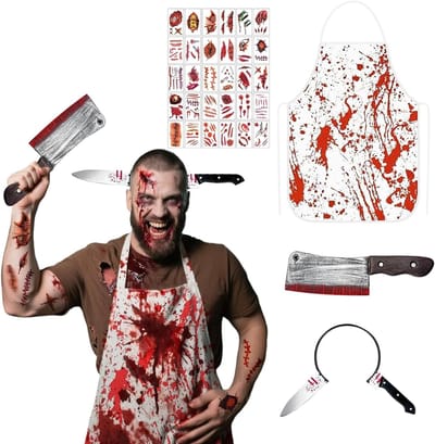 Horror Butcher Schort met Grote Keukenmes en 30 Stickers voor Halloween en Feestdecoratie