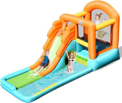 THUYS Springkasteel opblaasbaar, waterglijbaan speelzwembad, springkasteel met glijbaan, waterpark kinderbadje (490x225x240cm) Ben jij op zoek naar een opblaasbaar speelparadijs voor kinderen? Het THUYS Springkasteel met waterglijbaan is perfect voor