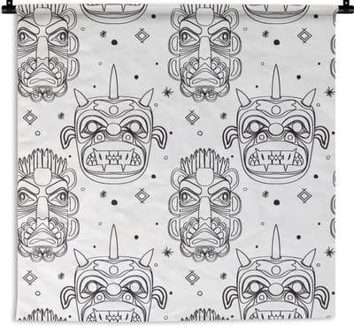 Wandkleed - Wanddoek - Maskers - Inca - Patroon - Zwart-Wit - 90x90 cm - Wandtapijt