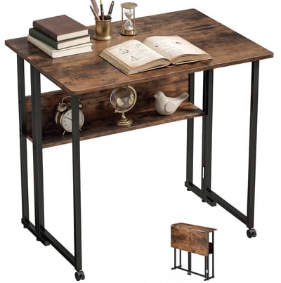 HOMCOM Schrijftafel-Spaanplaat, Metaal-80L x 58B x 75H cm-Rustiek Bruin