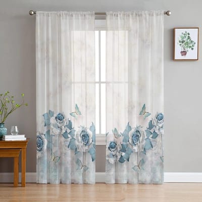 Blauwe Bloemen Vlinders Bloemen Slaapkamer Transparante Dunne Gordijnen Vakantiedecoratie Raam Voile Tule Gordijn 135W x 114H(cm) white