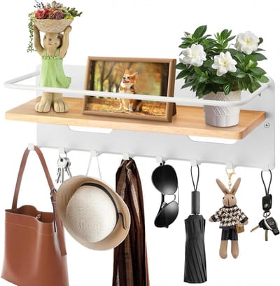 Houten Sleutelhanger met Plank: Decoratieve Muurbeugel met 8 Haakjes voor Sleutels, Ideaal voor Entree, Hal en Woonkamer
