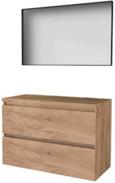 Basic-Line Framed 46 Badkamermeubelset - 100 x 46 cm - Greeploos - 2 Lades - Wastafelblad - Spiegel met Zwart Aluminium Frame - Whisky Oak
