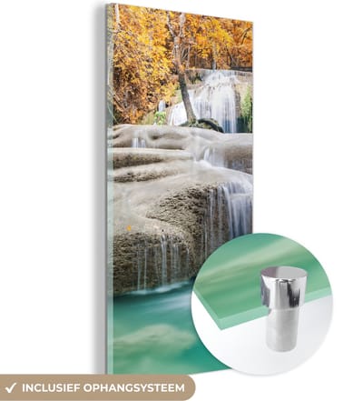 MuchoWow® Glasschilderij 20x40 cm - Schilderij acrylglas - Bos - Waterval - Water - Herfst - Foto op glas - Schilderijen