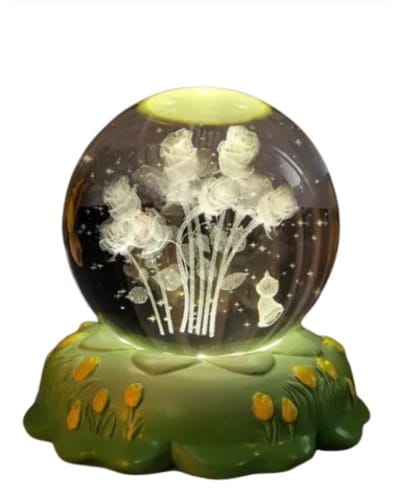 8CM Kristallen Bol – Gesneden Roos & Anjer Bloem – Kerst Cadeau Decoratie – Warme Kleine Nachtlamp Voor Thuis – Sfeervolle Ornamenten – Verjaardagscadeau