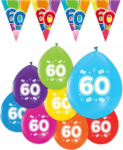 Feestpakket 60 jaar / 8 ballonnen en 1 vlaggenlijn 10 meter - Versiering Slinger Feestdecoratie Decoratie Verjaardag Jubileum Ballon Feest