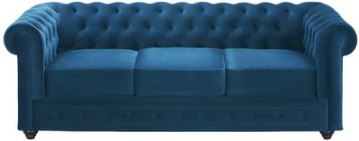 Vente-unique Driezitsbank en 2 fauteuils CHESTERFIELD - velours - groenblauw