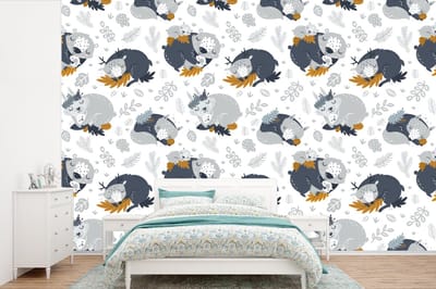 Behang - Fotobehang Patroon - Kinderen - Jongens - Dieren - Slapen - Breedte 360 cm x hoogte 240 cm