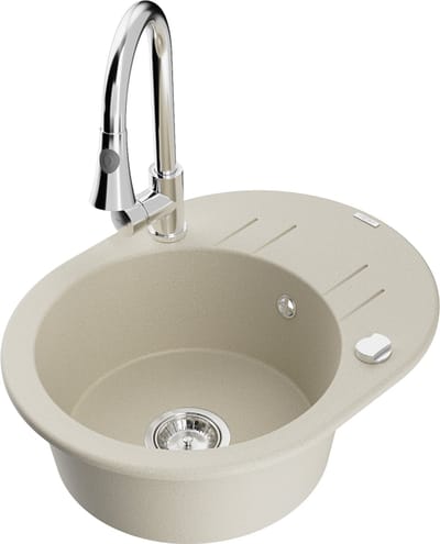 Mexen Kevin granieten gootsteen met 1 bak met afdruiprek en keukenmengkraan Elia, beige - 6517-69-670101-00