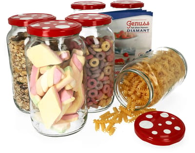 Set van 6 ronde potten 1062 ml To 82 paddenstoeldeksel incl. Diamant Gelierzauber receptenboekje
