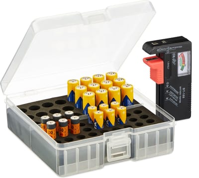 batterij organizer met batterijtester - voor 60 AA en AAA-batterijen - 5,5 x 15 x 15,5 cm - transparant/zwart
