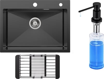 CECIPA max Spoelbak Keuken - Spoelbakken Met Zeepdispenser( Met 300ML fles ) - Enkele spoelbak 60x45cm - Inbouw Zeepdispenser Spoelbakken Keuken - Spoelbakken met afdruip - Antraciet