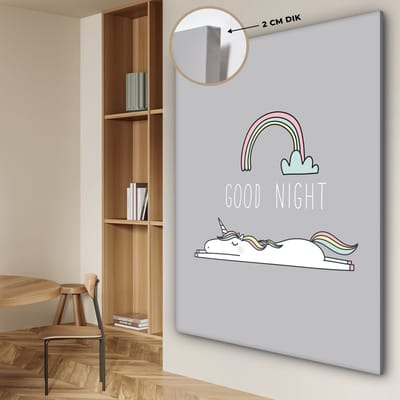 Canvas schilderij unicorn - Quotes - Good night - Eenhoorn - Tekst - Regenboog - Spreuken - Wanddecoratie meisjes - Kinderkamer decoratie - 120x160 cm