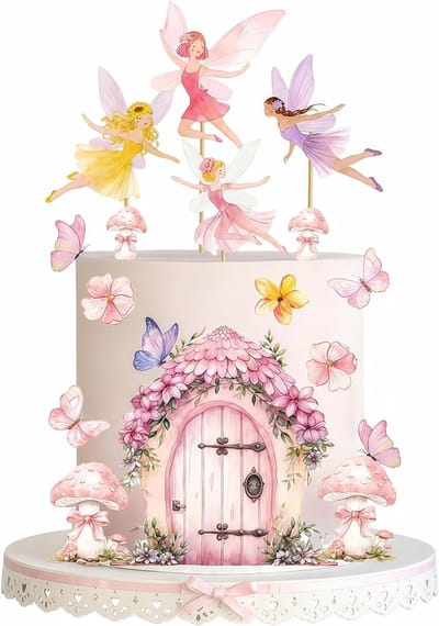 Tortenstecker Voor Verjaardagsfeest Versieringen Roze Paddestoel Deur Vlinder Bloemen Feeën Tuin