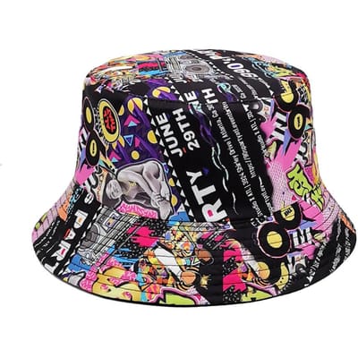 Lente/Zomer Nostalgisch Tape Print Bucket Hat Klassieke Omkeerbare Graffiti Vissershoed Uniseks Buiten Zonnehoed Visserijhoed XS black