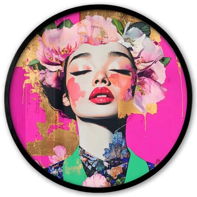 Poster in lijst Rond - Fotolijst 40x40 cm - Posters - Bloemenkroon - Goud - Vrouw - Portret - Ronde posterlijst zwart - Decoratie - Wanddecoratie woonkamer - Muurdecoratie slaapkamer