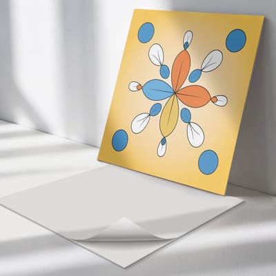 Wallfluent Vinyl Tegels - Geometrisch Bloemenpatroon Vinyl Vloer Tegels - 30 cm x 30 cm - Geel PVC Tegels - 9 stuks - Vierkant PVC Tegels - Abstractie Plaktegels - Zelfklevende Vinyl Tegels - Plaktegels Keuken en Badkamer