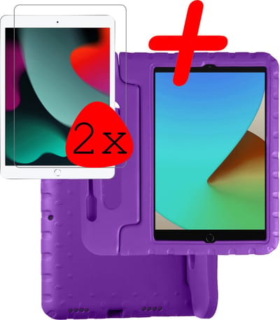Hoesje Geschikt voor Apple iPad 7 (2019) - 10.2 inch - 7e Generatie - Met 2x Screenprotector - Kinderhoes Shockproof Bumper - Kidsproof Case - Tablet Hoes - Kinder Hoes Cover - Paars