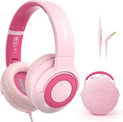 SnelShoppen - Roze Kinderen Koptelefoon met Microfoon - Opvouwbaar, Volume Limiter 85/94dB, 3,5mm Jack, Voor Meisjes, Inclusief Etui - Perfect voor Th