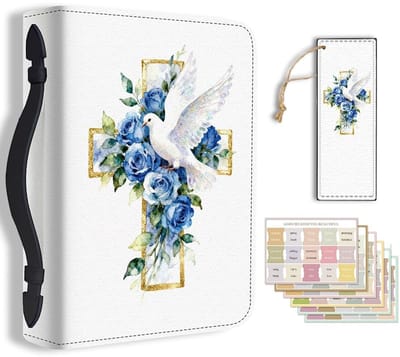 Dailygoods - Bijbelhoes voor vrouwen Lady Pigeon Roses Flower Book Cover met bladwijzer natuur vrede duurzaam dragen bijbelkoffers met handvat en rits PU-lederen opbergzakken voor studenten (blauw)