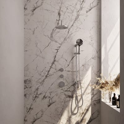 Brauer Chrome Edition thermostatische inbouw regendouche SET 21 met 20 cm douchekop en gebogen muurarm en 3-standen handdouche en doucheslang en geïntegreerde glijstang chroom