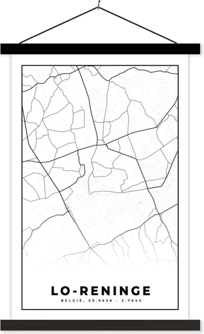 Posterhanger incl. Poster 40x60 cm - Schoolplaat - Stadskaart – Plattegrond – België – Zwart Wit – Lo Reninge – Kaart - Textielposter - Zwarte latten - Stadskaart