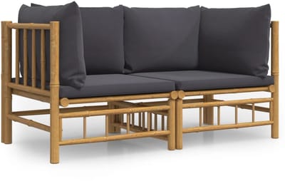 2-delige Tuinhoekbank met Kussens - Bamboe Natuur - Donkergrijs - Modulaire Loungeset voor Buiten - Duurzaam Tuinmeubilair