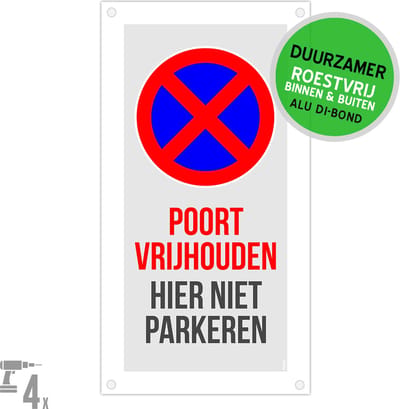 Pictogram/ bord Dibond + boorgaten | "Poort vrijhouden - Hier niet parkeren" | 15 x 30 cm | Grijs | Duurzaam | Eigen terrein | 1 stuk