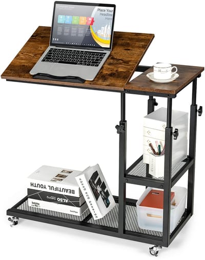 COSTWAY Bijzettafel hout, in hoogte verstelbaar en kantelbaar, banktafel C-vorm, 3 niveaus laptoptafel met wielen, 80 x 40 x 95 cm, voor woonkamer en slaapkamer (vintage)