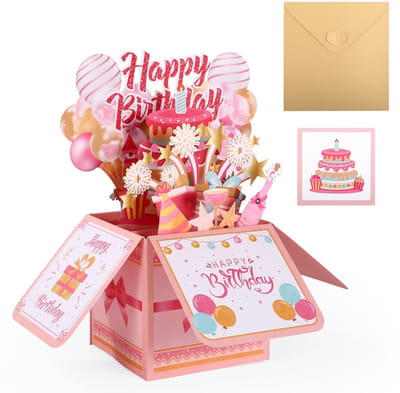 Dailygoods- Verjaardagskaart Pop-up - Kleurrige Ballonnen/Vuurwerk - Creatief Geschenk - Wenskaart met Envelop - 25,6x25,6x19,7cm - Multicolor Papier