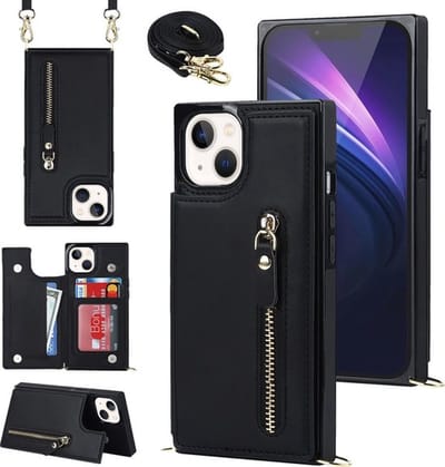 Casemania Hoesje Geschikt voor Apple iPhone 13 - Zwart - Luxe Back Cover met Koord / Rits - Wallet Case met Pasjeshouder - Lanyard Telefoonhoes - Cord Case