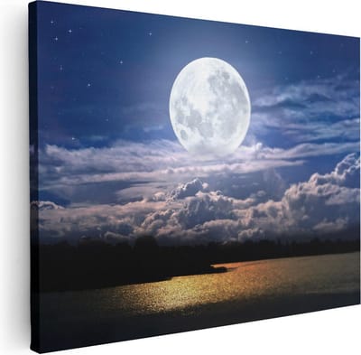 Artaza Canvas Schilderij Zee - 40x30 cm - Klein - Wanddecoratie Maan - Muurdecoratie Nachtlucht - Schilderijen Op Canvas