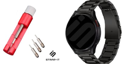 Strap-it Titanium horlogeband + Toolkit - speciaal geschikt voor Samsung Galaxy Watch 7 (40 & 44mm) / Galaxy Watch 6 (Classic) / Watch 5/5 Pro / Watch 4 (Classic) / Watch FE - schakel band voor Galaxy Watch 4-5-6 alle varianten - zwart