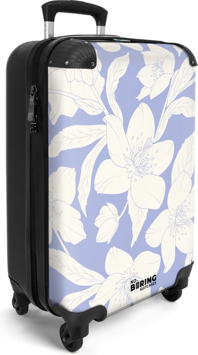 NoBoringSuitcases.com® - Vakantie handbagage koffer lichtgewicht - Reiskoffer - Licht paars met witte bloemen - Rolkoffer met wieltjes - Reis carryon trolley - Past binnen 55x40x20 en 55x35x25