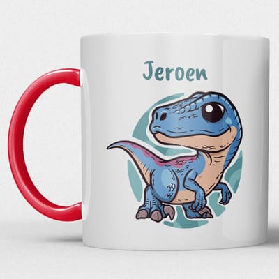kindermok/kinderbeker | gepersonaliseerd met naam | met dino/dinosaurus/t-rex | rood | Schattige illustraties