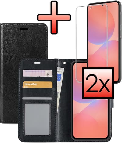 Hoesje - Met 2x Screenprotector - Geschikt voor Samsung Galaxy A36 - Luxe Pasjeshouder - Bookcase Portemonee - Flip Case - Kunstleer Book Case - Flipcase Hoes - Book Cover - Walletcase - Portemonneehoes - Zwart