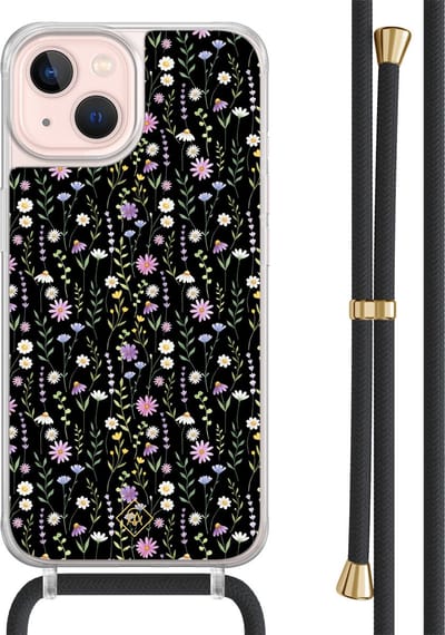 Casimoda® hoesje met zwart koord - Geschikt voor iPhone 13 - Flower Fantasy - Afneembaar koord - TPU/acryl - Zwart