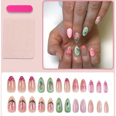 24 Stuks Amandelvormige Kunstnagels, Geschikt Voor Lente & Zomer, Roze & Groen Contrastpatroon, Strik Bloem, Voor Vrouwen Dates, Dagelijks Gebruik, Feesten brown