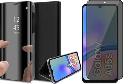 Hoesje geschikt voor Samsung Galaxy A05s - Privacy Screenprotector Volledig Dekkend Glas - Spiegel Book Case Zwart