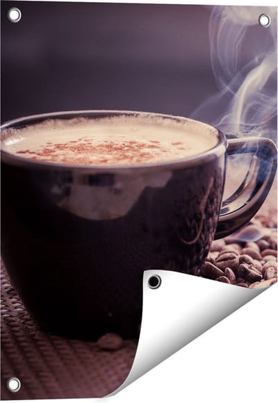 Gards Tuinposter Hete Koffie Kop met Koffiebonen - 40x50 cm - Tuindoek - Tuindecoratie - Wanddecoratie buiten - Tuinschilderij