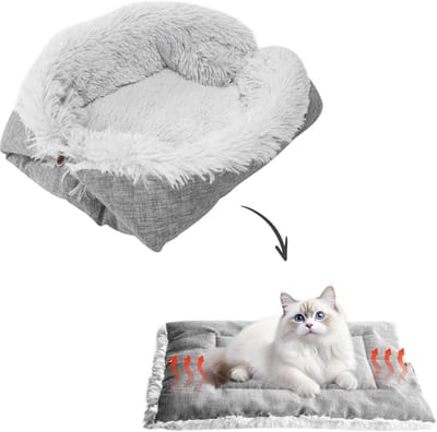 Famanu – Zacht Kattenbed 61 x 51 cm – Wasbaar 2-in-1 Kattenkussen en Pluche Slaapbed, Geschikt voor Katten en Kleine Honden