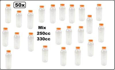 50x Fles Pet mix van 250cc en 330cc met oranje dop - gerecyclede drink fles vruchten sap limonade drank