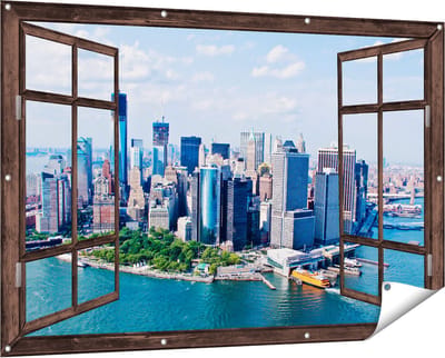 Gards Tuinposter Doorkijk New York Als een Eiland vanuit de Lucht - 150x100 cm - Tuindoek - Tuindecoratie - Wanddecoratie buiten - Tuinschilderij