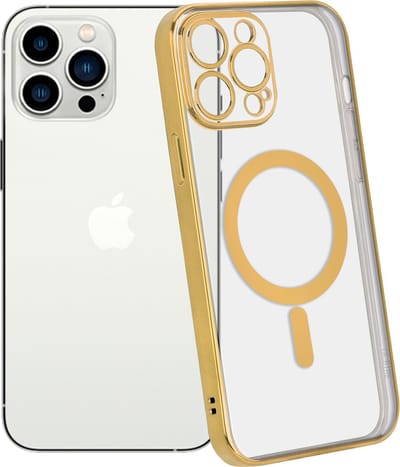ShieldCase telefoonhoesje geschikt voor Apple iPhone 14 Pro Max hoesje transparant Magneet metal coating - goud - Backcover case doorzichtig - Shockproof hoesje - Met oplaad ring