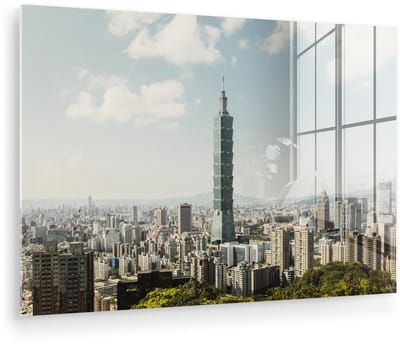 ® Glasschilderij 180x120 cm - Schilderij acrylglas - Uitkijkend naar de Aziatische wolkenkrabber Taipei 101 - Foto op glas - Muurdecoratie woonkamer - Wanddecoratie slaapkamer - Schilderijen