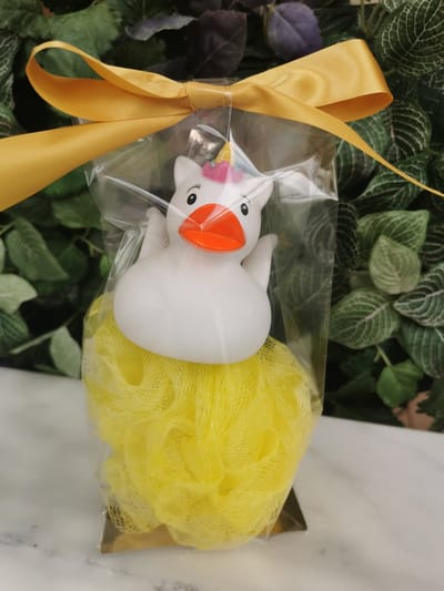 Geschenkset Badeend unicorn en mesh spons